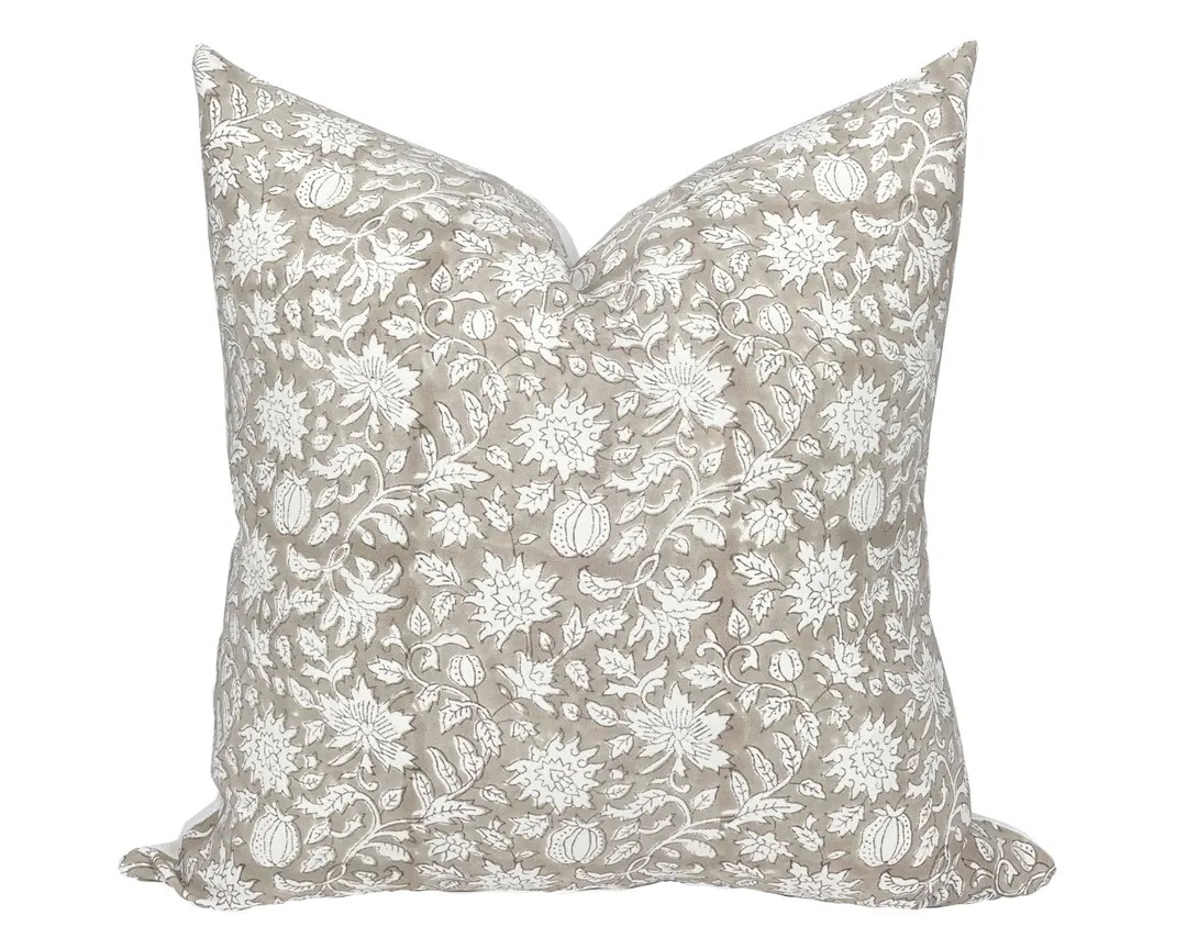 SANDSTONE | Designer Sand Floral Linen Pillow Cover, Block Print Pillow, Farmhouse Pillow, Neutra... | Etsy (US)