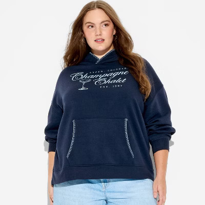 Women's Champagne Chalet Whipstitch Graphic Hooded Sweatshirt - Navy Blue 1X | Target