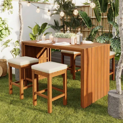 5 Piece Outdoor Bar Set, Patio Wood Dining Table And Four Stools With Cushions For Backyard, Poolside, Balcony | Wayfair North America