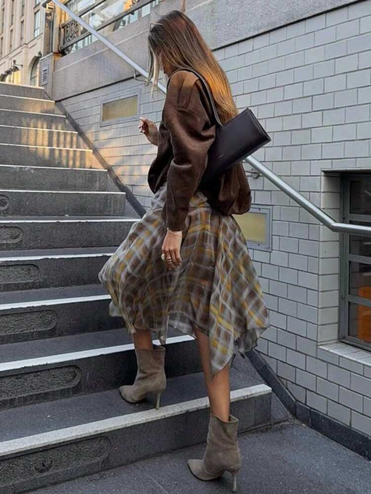 [Store Shopped] Plaid Rhombus Pattern Casual Asymmetric/Asymmetrical Hem Skirts Summer | SHEIN