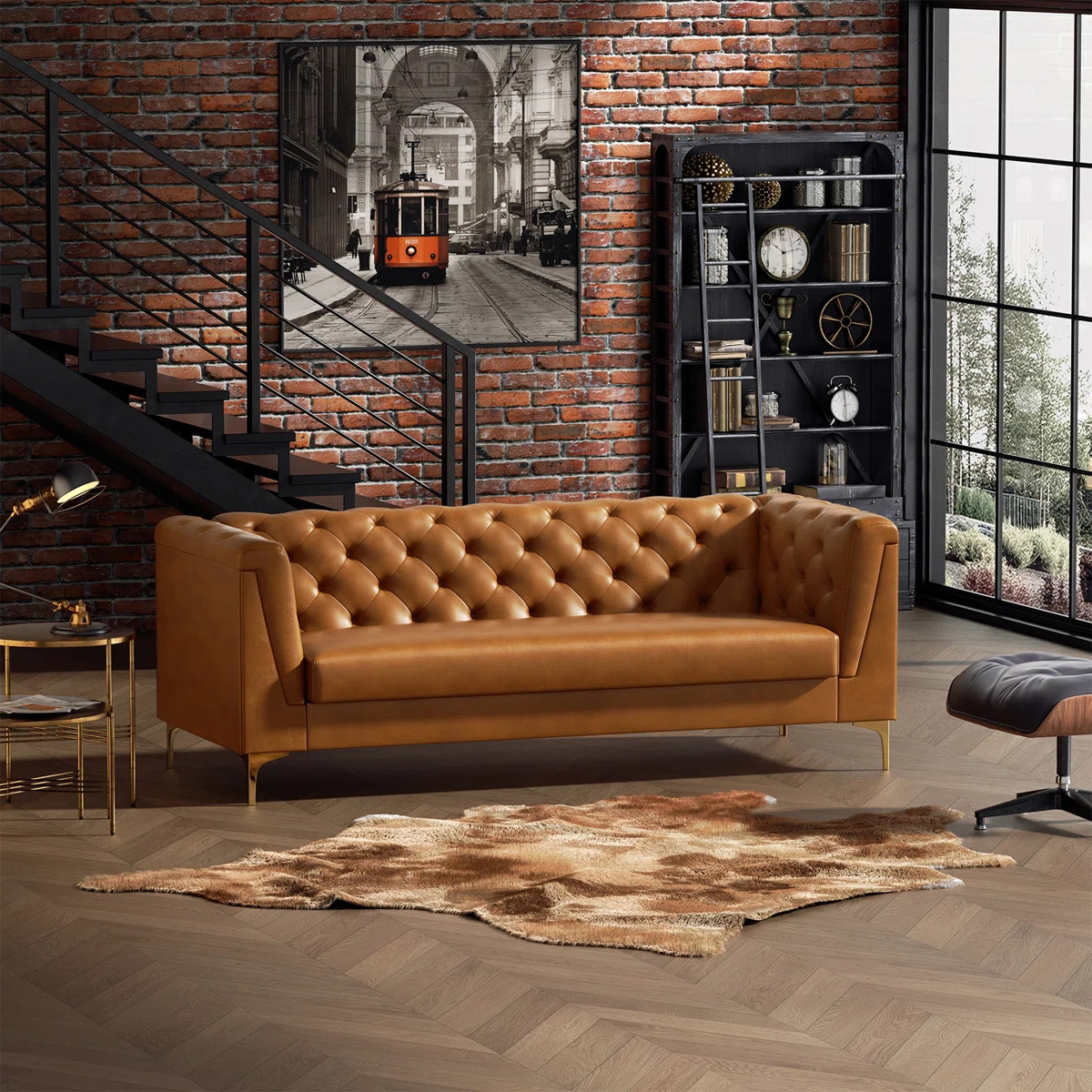 Faux Leather Chesterfield Upholstered Sofa with Gold Metal Legs | Wayfair North America
