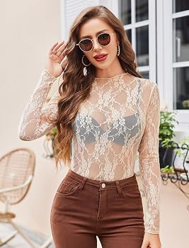 Avidlove Women's Mesh Top Long Sleeve Mock Neck Sheer Blouse See Through Floral Lace Tops | Amazon (US)