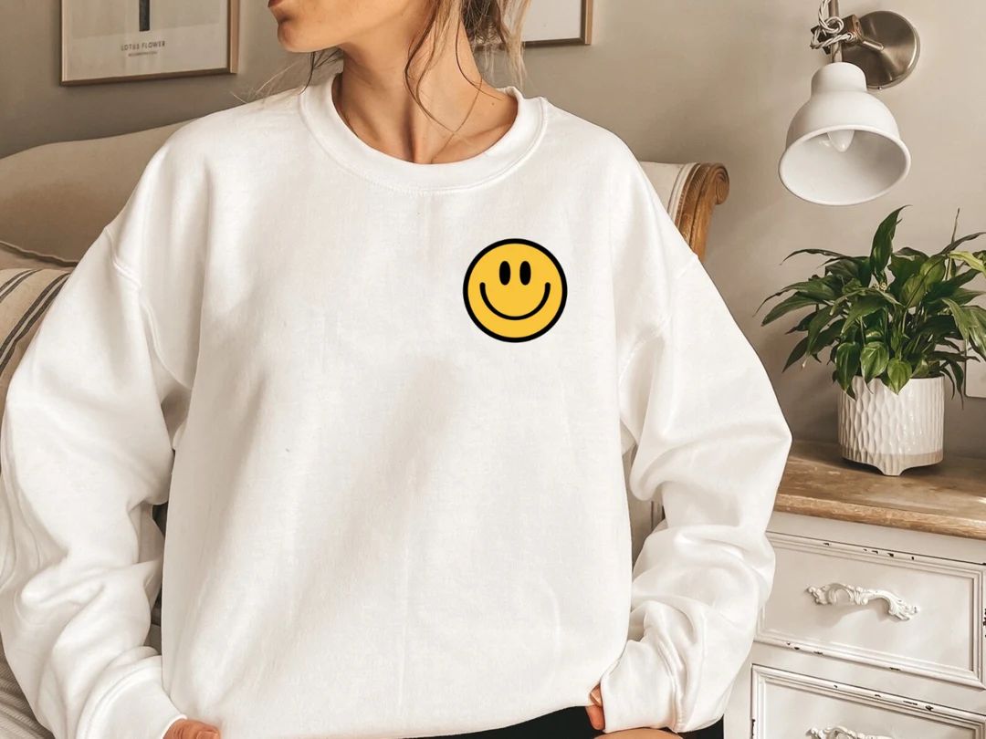 Smiley Face Oversized Crewneck Sweatshirt  Happy Face  - Etsy | Etsy (US)