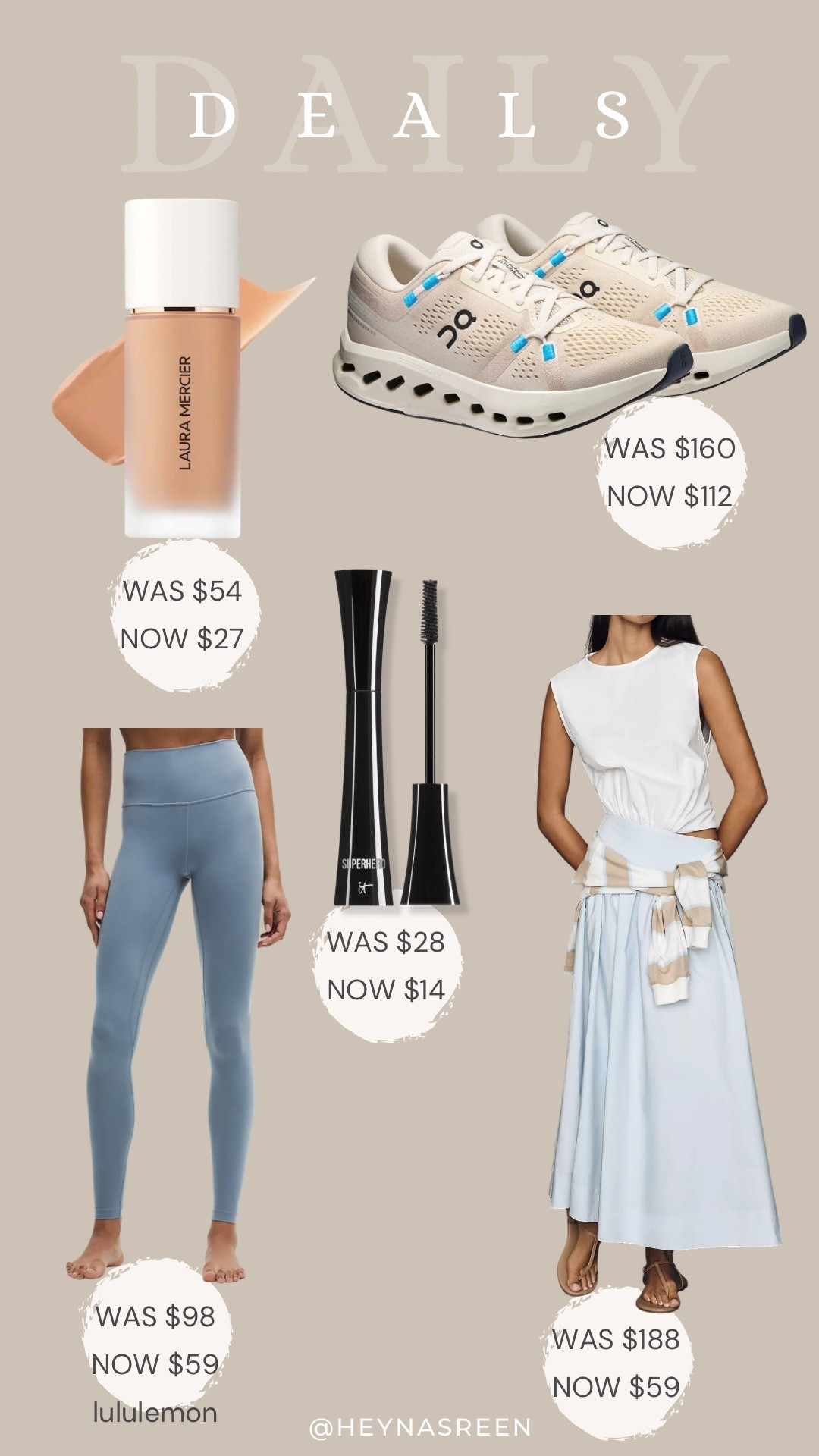 Daily deals on Laura Mercier foundation, On Cloud sneakers, IT Cosmetics mascara, Anthropologie dress, lululemon align leggings