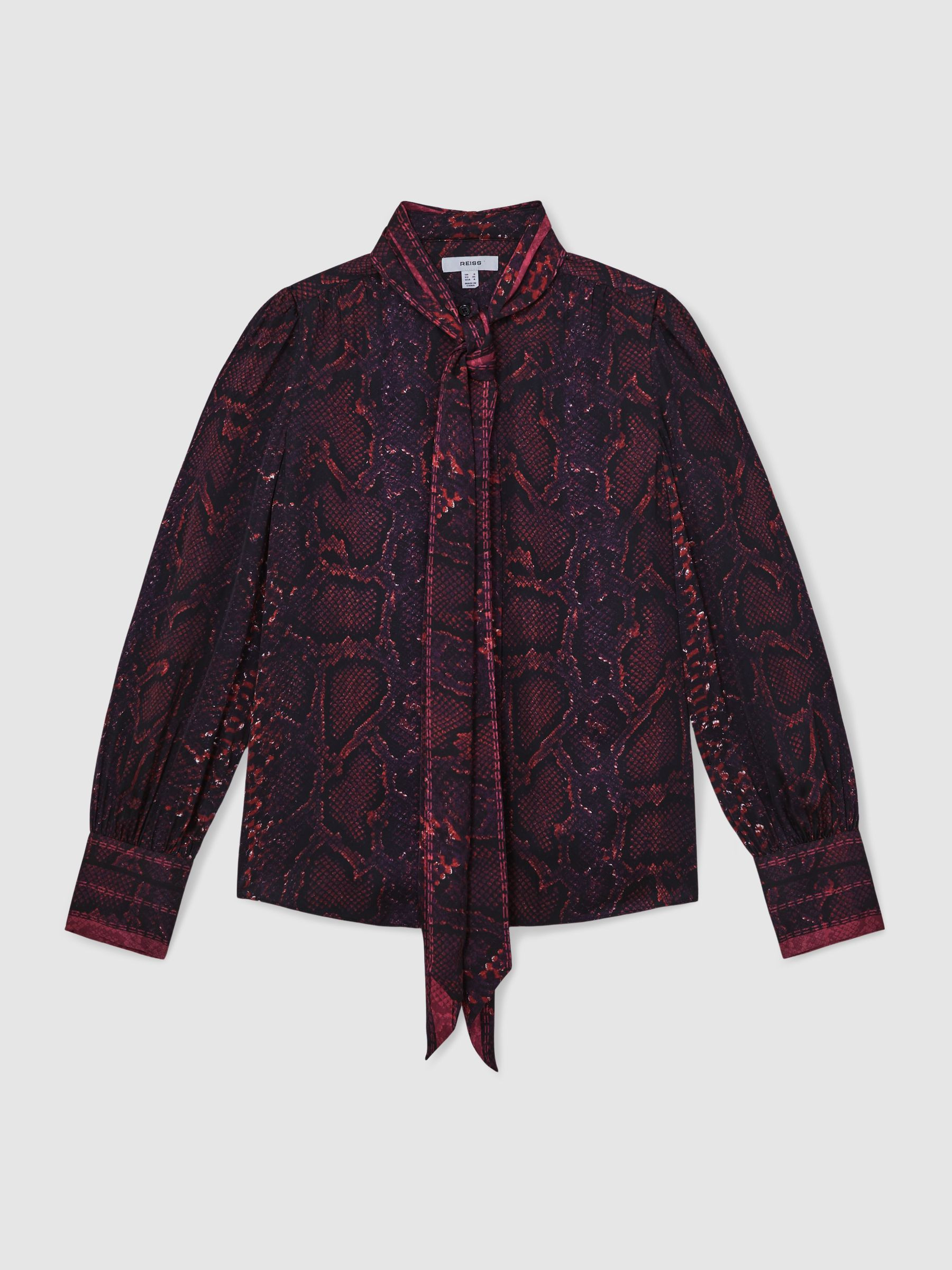 Snake-Print Tie-Neck Blouse in Burgundy | Reiss US