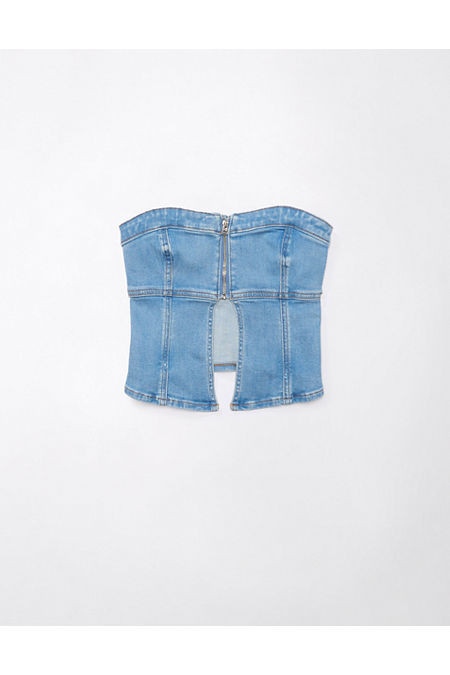 AE Denim Zip-Front Tube Top Women's Light Wash XXS | American Eagle Outfitters (US & CA)