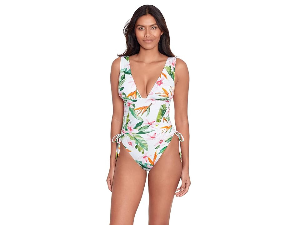 Lauren Ralph Lauren Watercolor Tropical Floral Shirred Plunge One Piece Women's Swimsuits One Piece : 12, Elastane/Nylon | Zappos