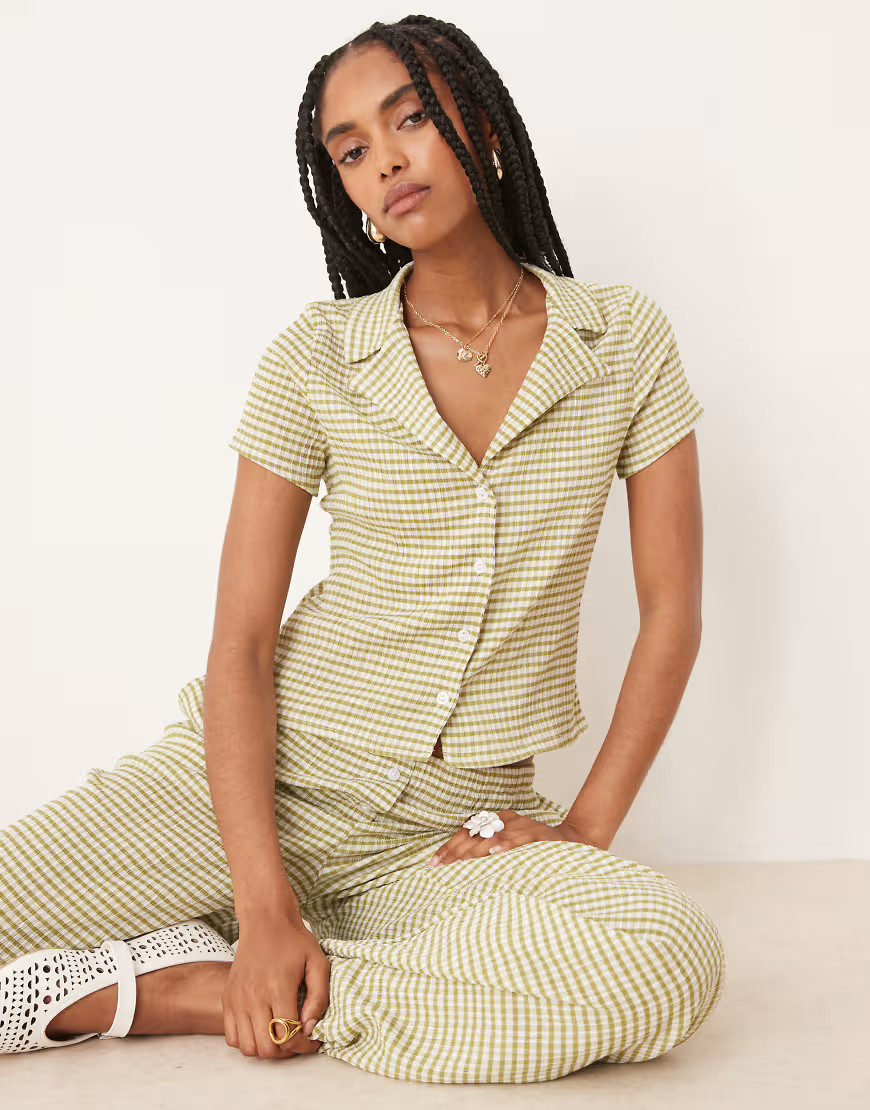 ASOS DESIGN shrunken revere shirt in green gingham - part of a set | ASOS (Global)