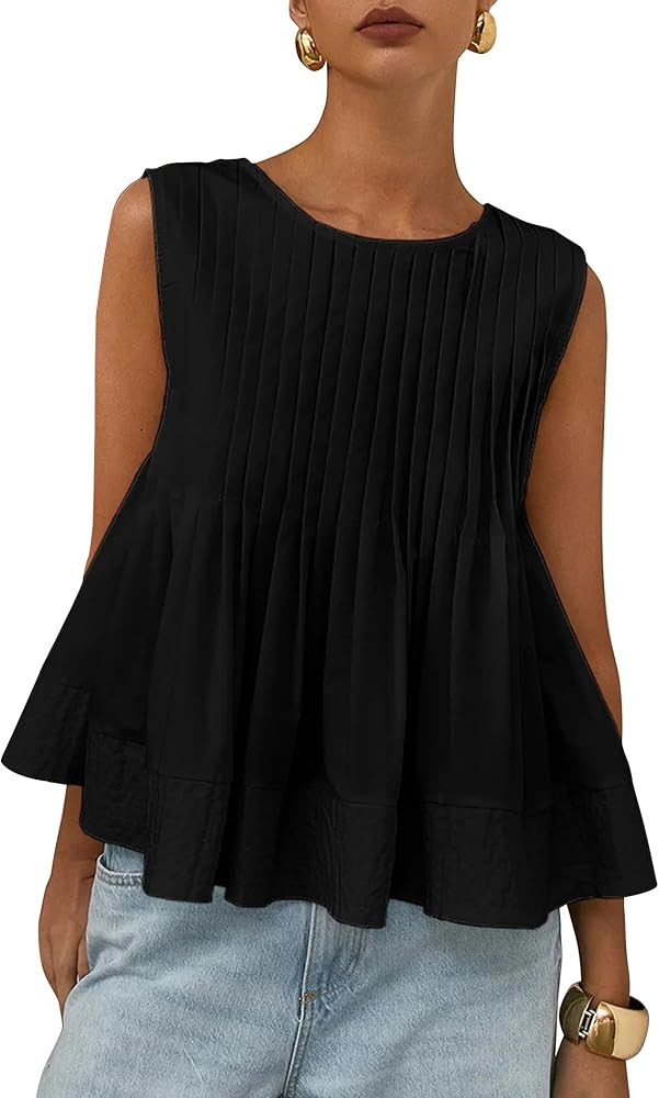 Womens Pleated Peplum Tank Top Sleeveless Babydoll Tops Ruffle Hem Crewneck Casual Blouse Shirts ... | Amazon (US)