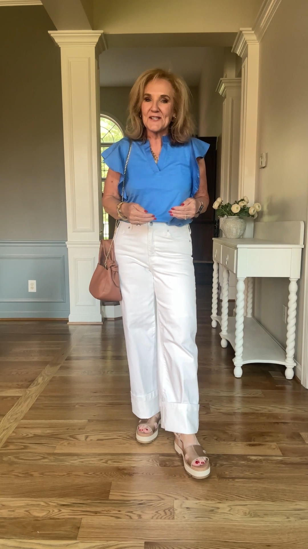 Super cute mixed media T-shirt by Belk.
Knit bodice us and Poplin flutter sleeves wearing size medium

Jeans size 29 and they are quite long. You can see that I cuffed them about 5 inches. I like them cuffed. Maybe you’re taller and that will work or you can cut them and leave the raw him or you could have them altered lots of options here for a really great pair of denim at a low price point true to size. 

Sorel sandals are my pick for European travel. They are sturdy, good arch support and comfortable. And I think they’re good looking.

Summer outfit, white jeans, blue T-shirt, Fourth of July outfit, Americana

#LTKShoeCrush #LTKFindsUnder50 #LTKOver40