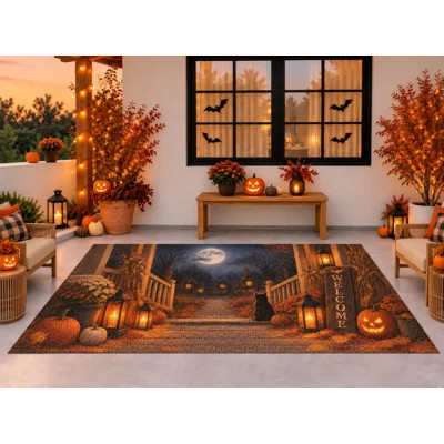 5' x 7' Outdoor Area Rug, Moonlit Haunted Porch Welcome Halloween Pattern, Waterproof PVC Coil Loop Carpet, Heavy Duty Quick Dry Mat for Porch Deck Ba | Wayfair North America