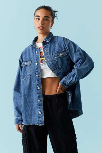 Medium Wash Denim Shacket | Urban Planet