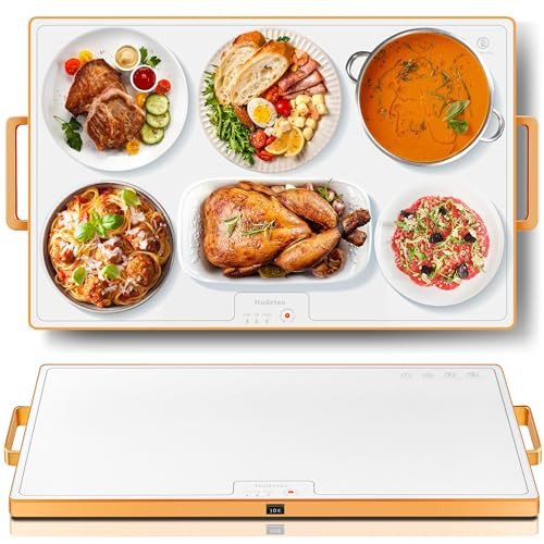 Food Warming Mat (XL 24"x16"), Food Warmers for Parties Buffet and Daily Use, Full Surface Warm Evenly Electric Warming Tray with Button Temperature Control, Gold Handles Warming Mat for Food, White | Amazon (US)