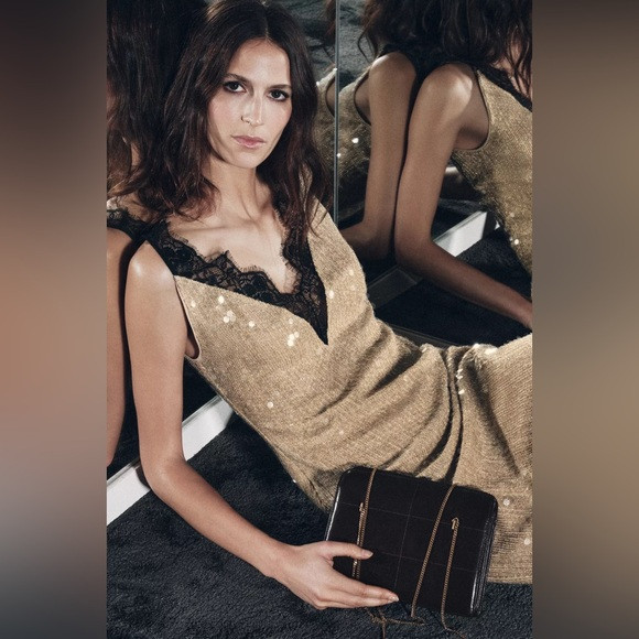 Zara sequin black lace trimmed v-neck gold midi dress sz.M | Poshmark