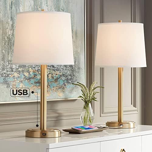 Camile Modern Glam Luxury Table Lamps 25" High Set of 2 with USB Charging Port Brass Metal Oatmea... | Amazon (US)