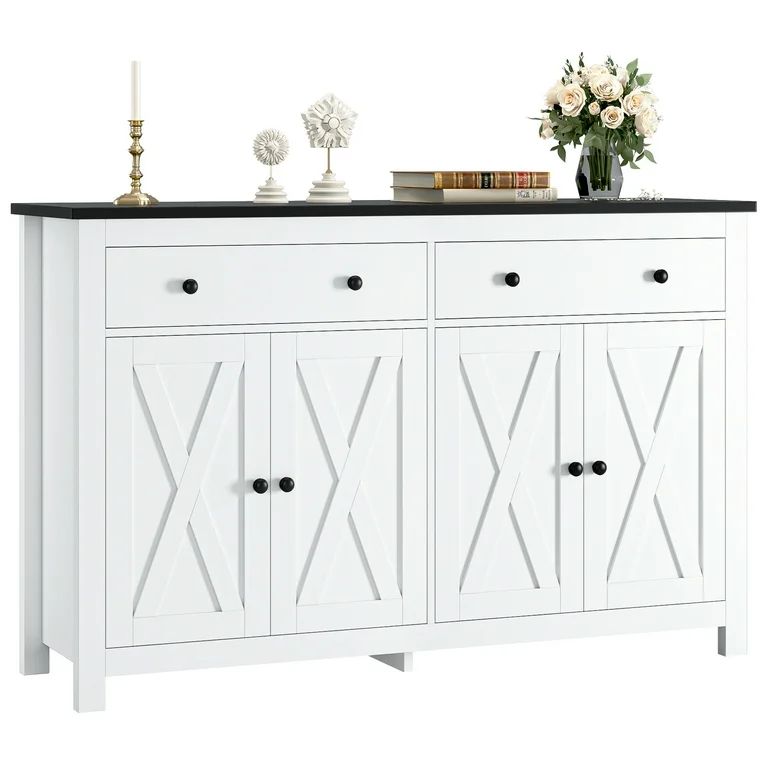 Homfa 4-Doors with 2-Drawers Farmhouse Storage Cabinet, Wood Kitchen Sideboard with Adjustable Shelves, White-Black | Walmart (US)