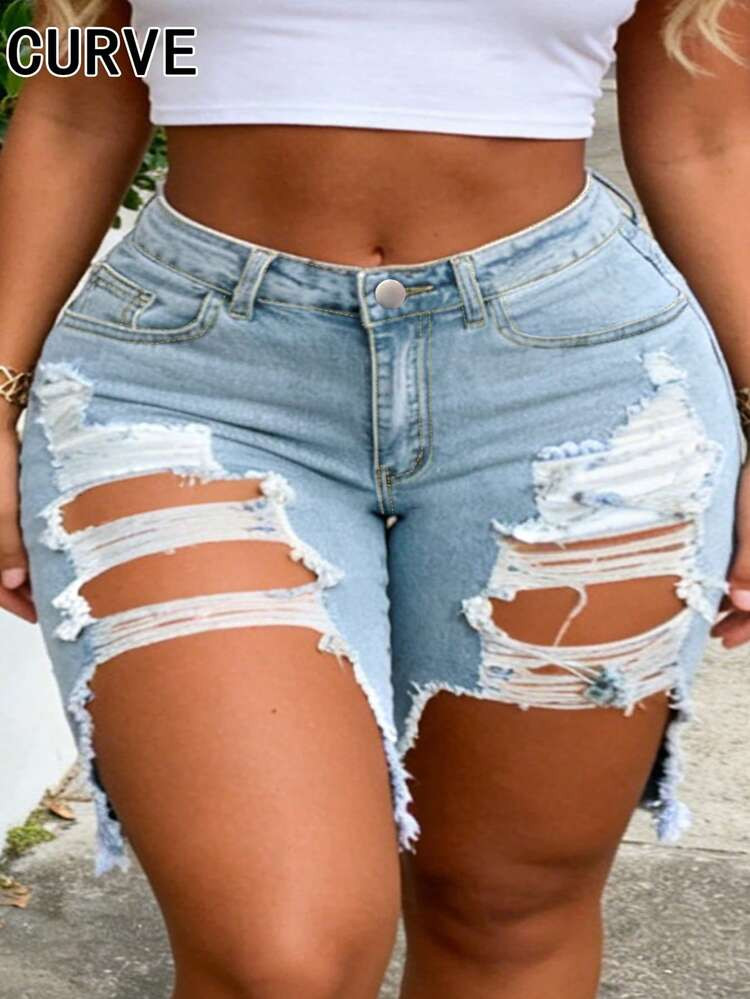 Plus Size Women's Light Blue Washed Bermuda Denim Shorts, Straight Cut, With Pockets, Medium Stretch | SHEIN