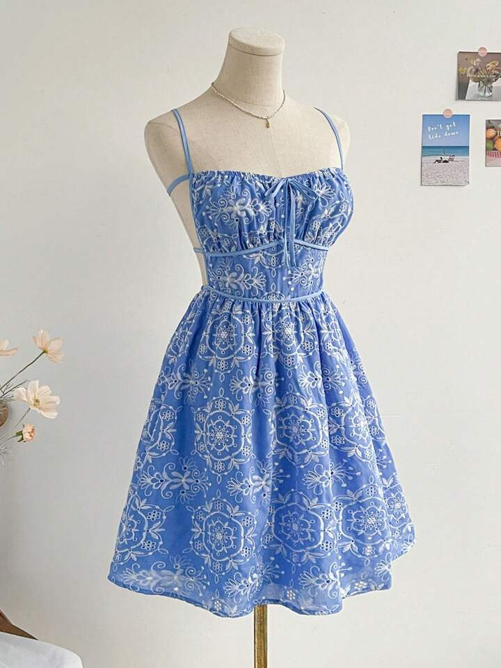 SHEIN WYWH Summer Holiday Women's Romantic Blue & White Embroidered Floral Mini Dress With Backle... | SHEIN