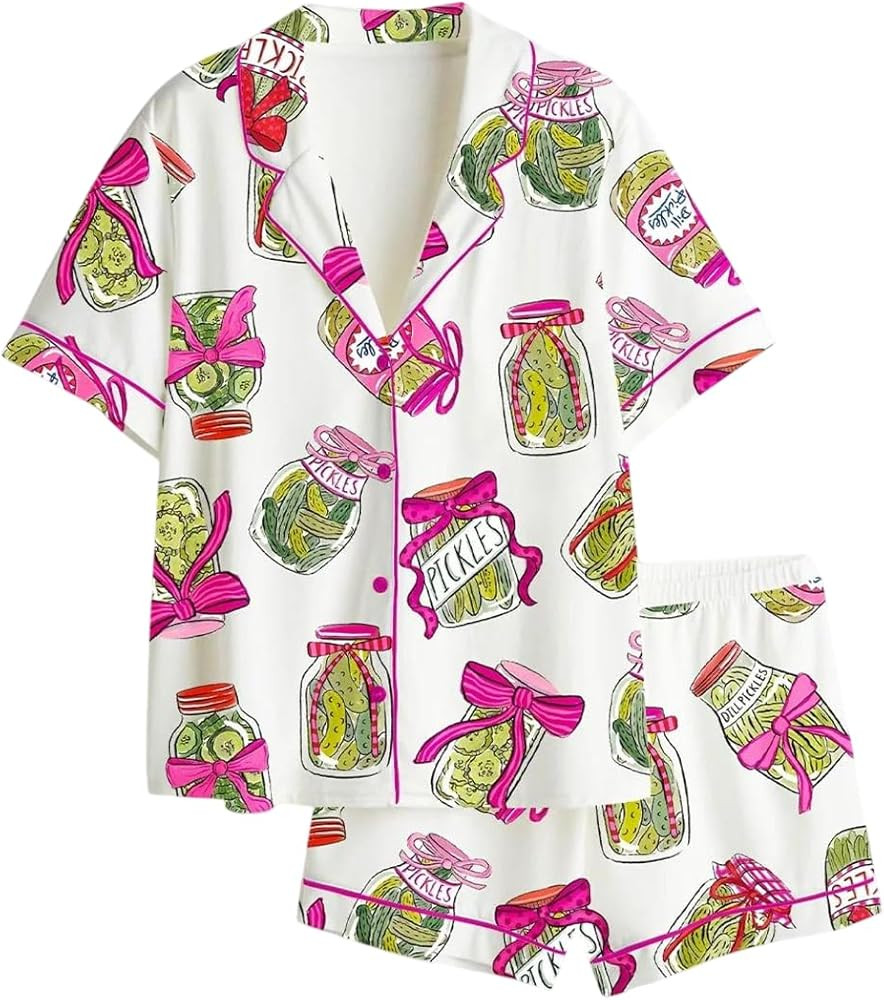 Pickle Lover Pink Bows Satin Pajama Set, Pickle Lover Clothing Gift Pajama, Women’s Pja Pink Bo... | Amazon (US)