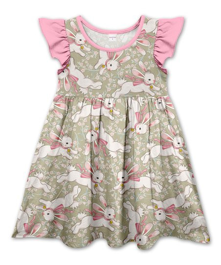 Penelope Plumm Sand & Rose Pink Floral Bunny Angel-Sleeve Dress - Girls | Zulily