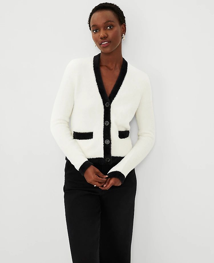 Petite Tipped Fuzzy Pocket Cardigan | Ann Taylor (US)