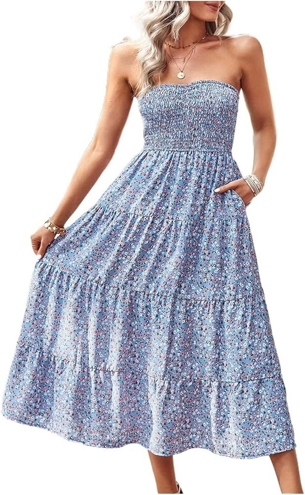 UOXOO Women's Bohemian Tube Top Floral Dress, Summer Waist A-line Long Skirt | Amazon (US)