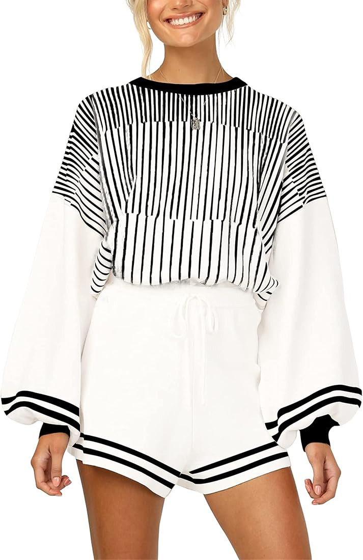 Ameliever Womens 2 Piece Outfits Striped Crewneck Knit Pullover Sweater Shorts Set | Amazon (US)