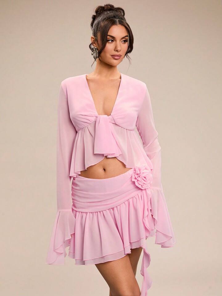 SHEIN BAE Summer Vacation Top, Sweet Long-Sleeved Tops With Ruffles, Pink Tops, Dating Tops, Eleg... | SHEIN