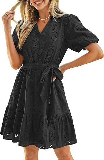 Simplee Womens 2026 Summer Mini Dress Eyelet V Neck Cotton Short Sleeve Hollow Out Belted Beach V... | Amazon (US)
