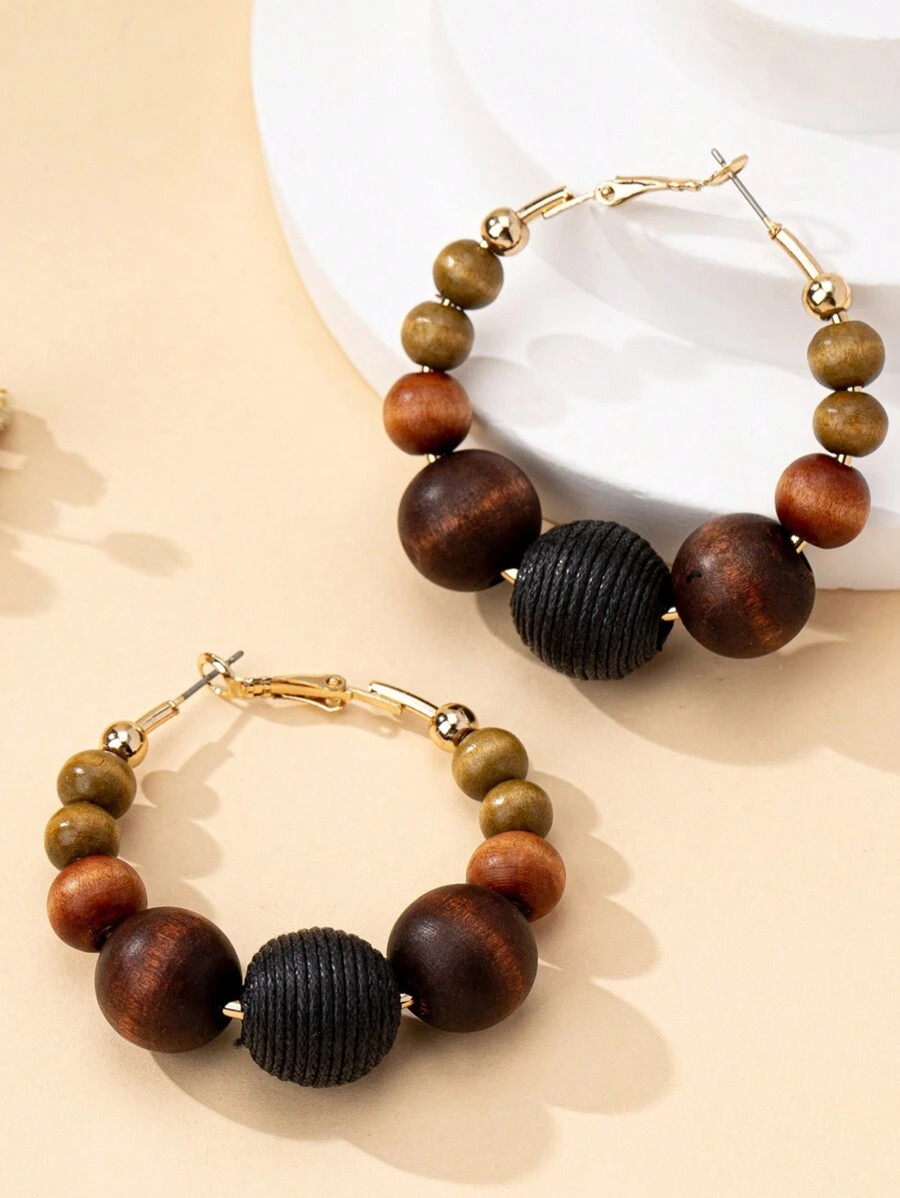 1 Pair Women Wooden Beads Hoop Earrings, Suitable For Daily Wear, Autumn/Winter | SHEIN