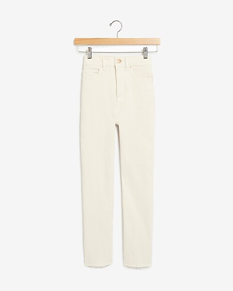 Super High Waisted Off-White Raw Hem Straight Jeans | Express