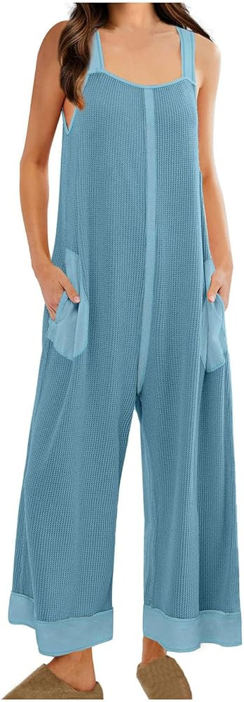 Jumpsuits for Women Summer Casual Waffle Knit Trendy Outfits 2024 Baggy Comfy One Piece Wide Leg ... | Amazon (US)