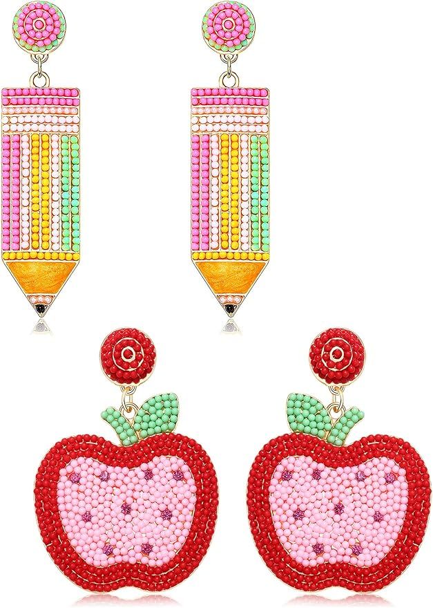 2/3Pairs Teacher Earrings for Women Beaded Pencil Dangle Earrings Statement Apple Book Drop Earri... | Amazon (US)