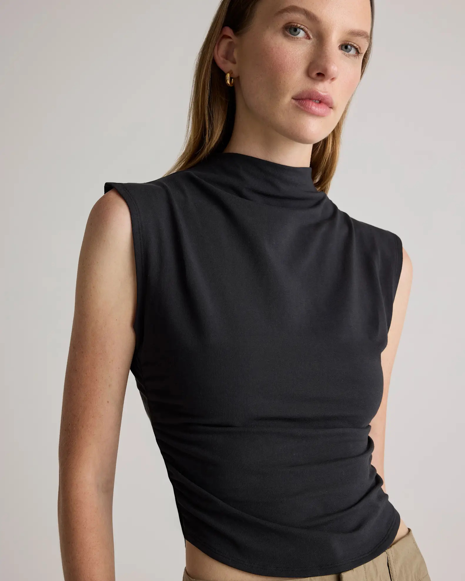 Stretch Cotton Jersey Sleeveless Mock Neck Top in Black | Quince