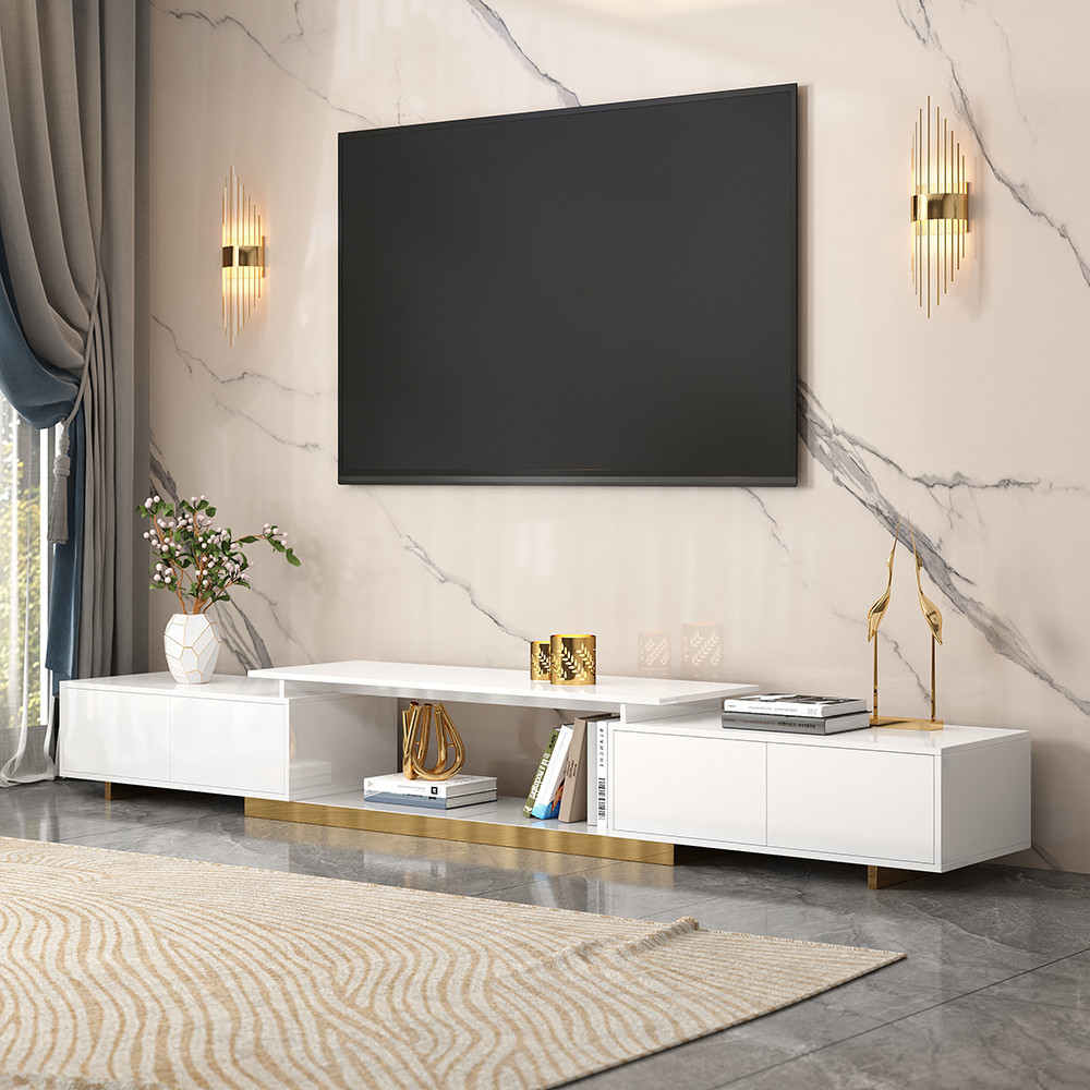 Mordelle Modern Rectangle Glossy White Extendable TV Stand Storage for 65 to 85 inch TV | Homary