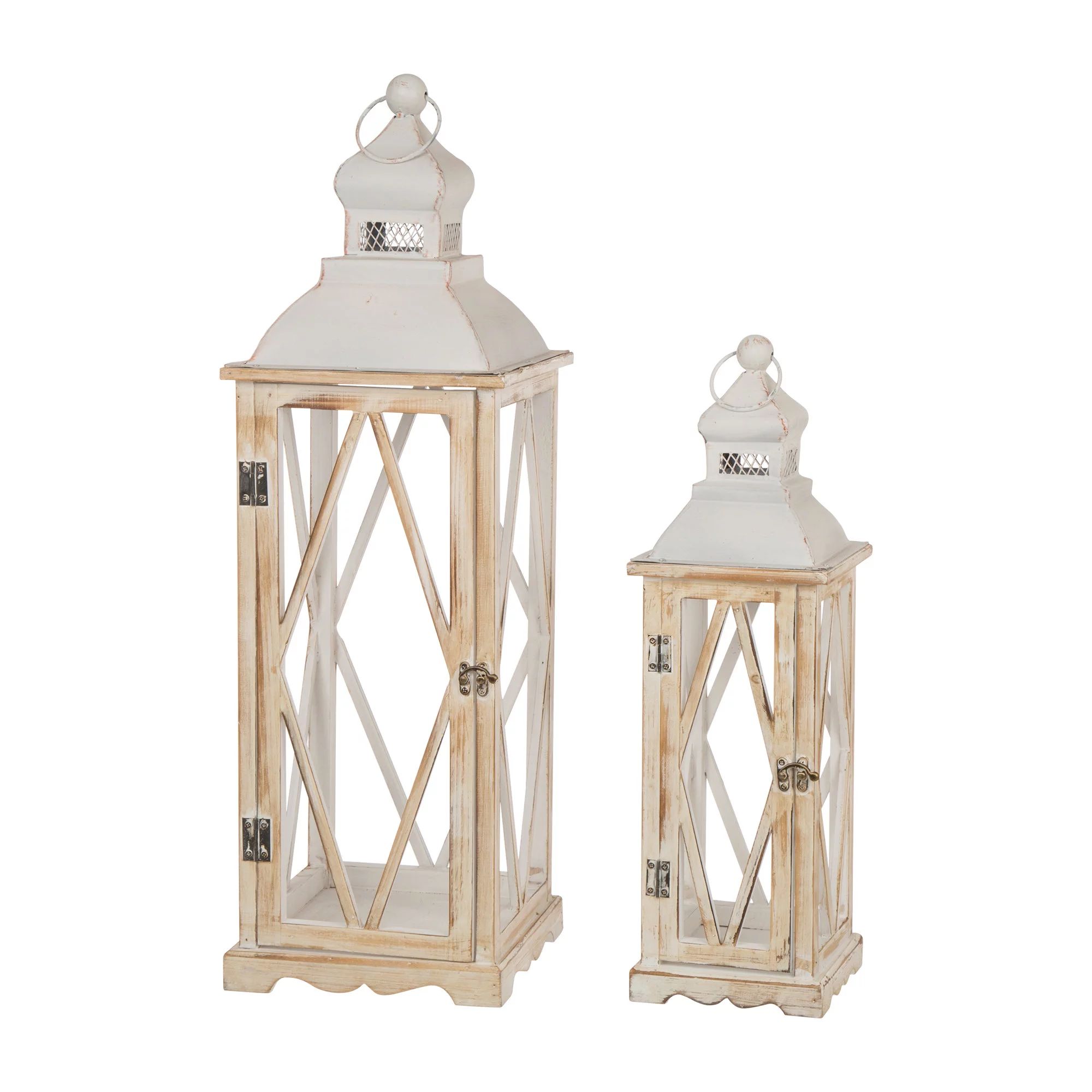 Glitzhome Farmhouse Washed White Wood Lantern with Metal Lid, Set of 2 - Walmart.com | Walmart (US)