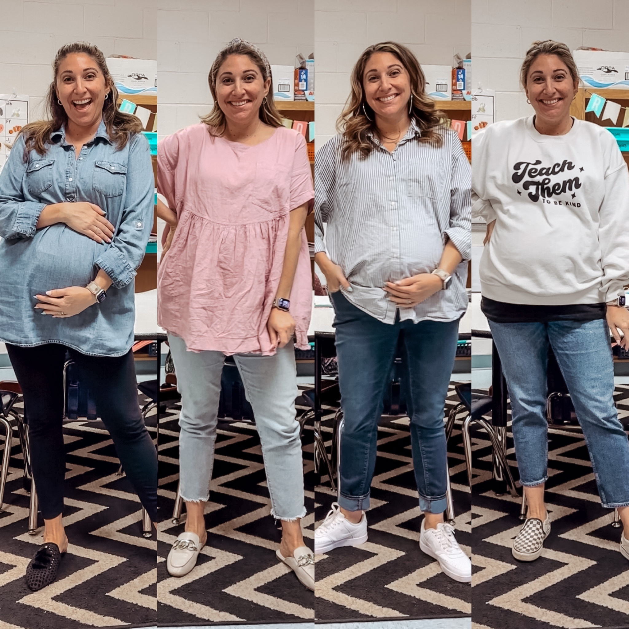 Teacher outfits of the week! Sizing from left to right 
Chambray (maternity) XL / leggings L / top M / jeans 14 (wearing with belly band) / blouse L / jeans (maternity) 14 / jeans (maternity) 14 / mules and vans tts / white sneakers half size down 

#LTKstyletip #LTKbump #LTKworkwear