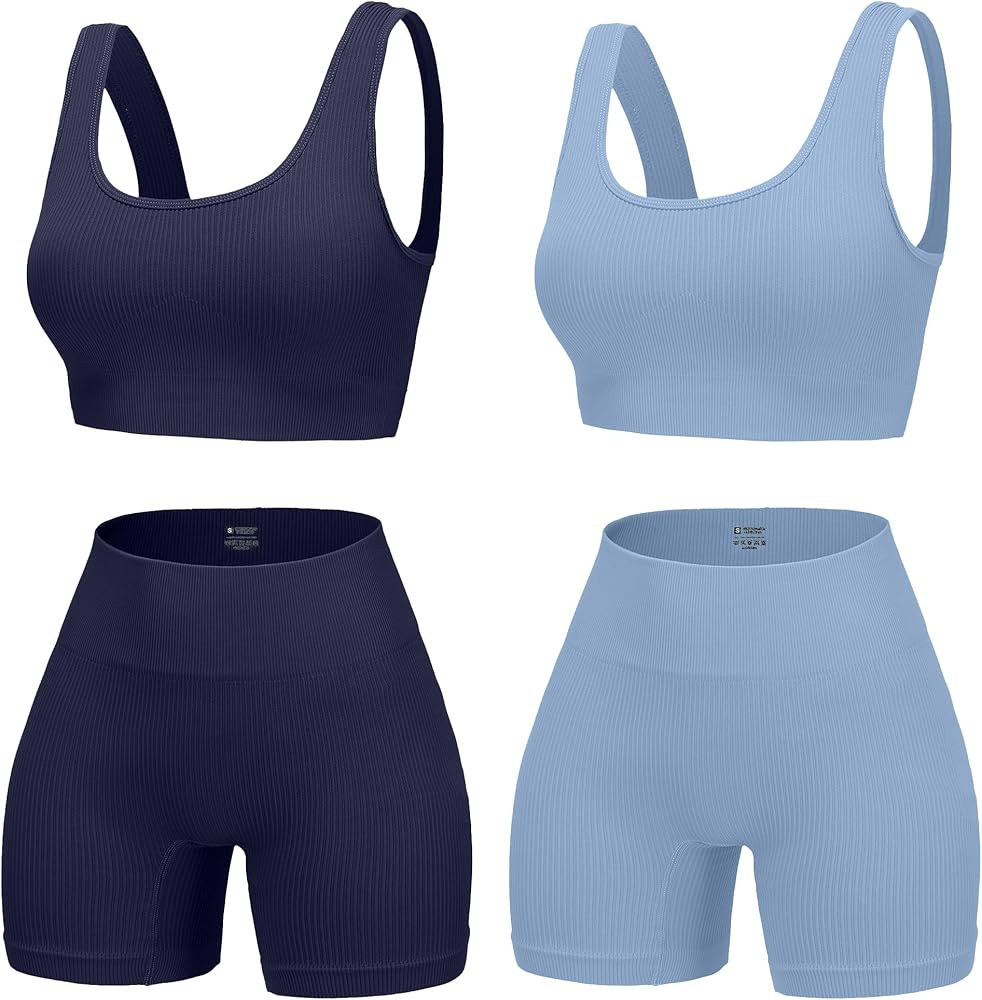 4 Piece Workout Sets for Women Seamless Ribbed High Waist Yoga shorts with Sports Bra Outfits | Amazon (US)