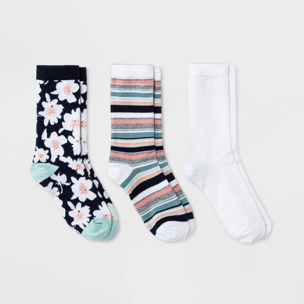 Women's Floral 3pk Crew Socks - A New Day™ Navy/Ivory 4-10 | Target
