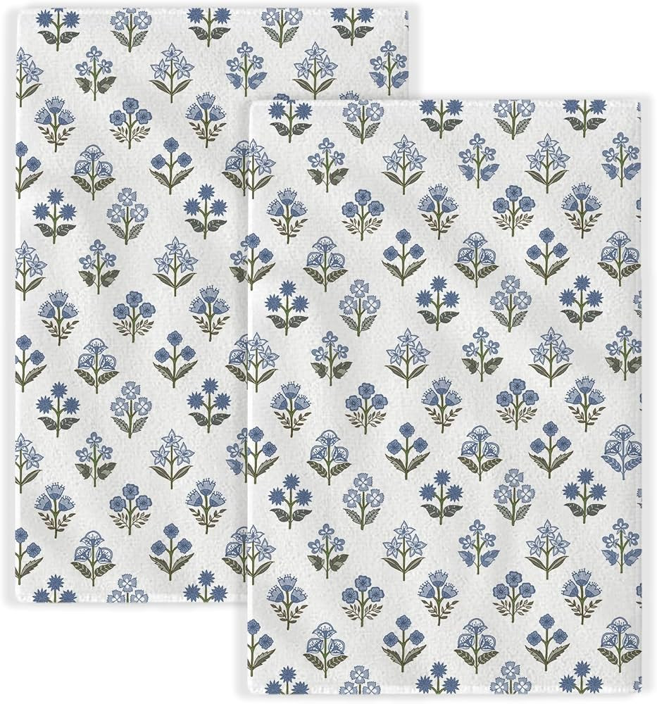 Blue Sage Green Block Print Spring Floral Kitchen Towels Vintage Flower Dish Towels, 16x24 Inch F... | Amazon (US)