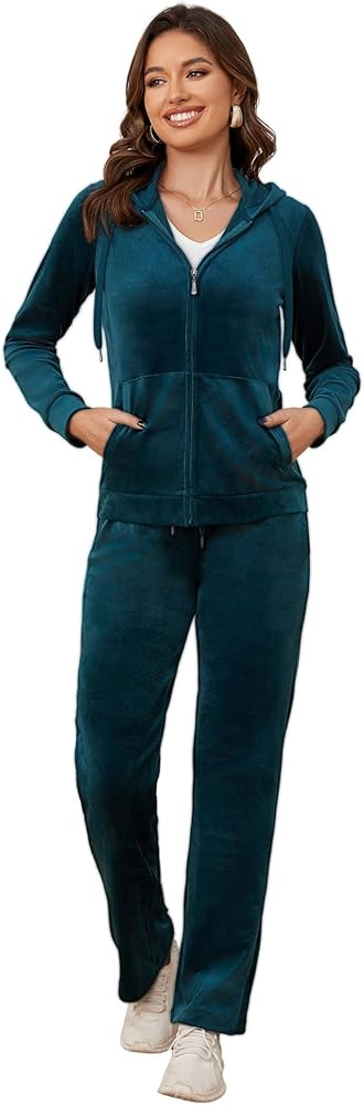 MIDNIGHTSUN Women's Velour Tracksuit 2 Piece Full Zip Hooded Sweatsuits Outfits Velvet Sportswear... | Amazon (US)