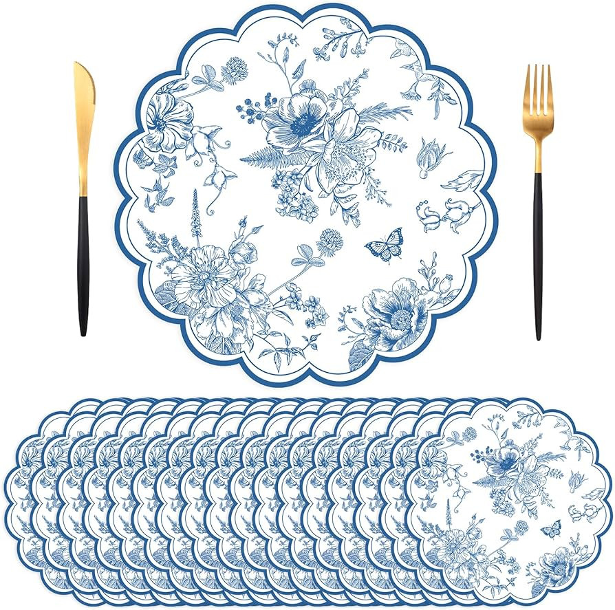 50 PCS Blue Floral Paper Placemats, 13.5 Inch Paper Placemats Disposable with Butterfly and Flowe... | Amazon (US)