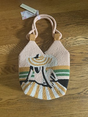 Beaded bag featuring charming beach scene with a woman in a sun hat, INDIA NWT | eBay | eBay US