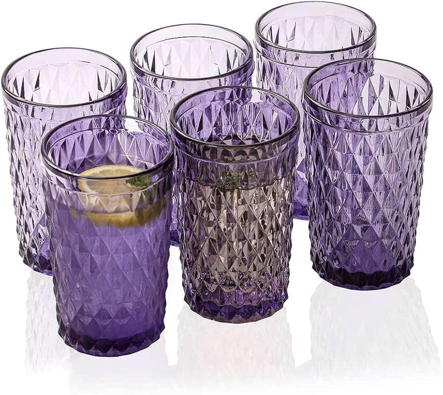 Purple Highball Drinking Glasses set of 6 Colored Glass cups 11oz Embossed with Geometric Diamond... | Amazon (US)