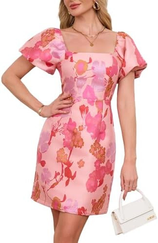 Ladyful Women's Jacquard Mini Dress Floral Short Puff Sleeve Square Neck Bodycon A-line Party Sho... | Amazon (US)