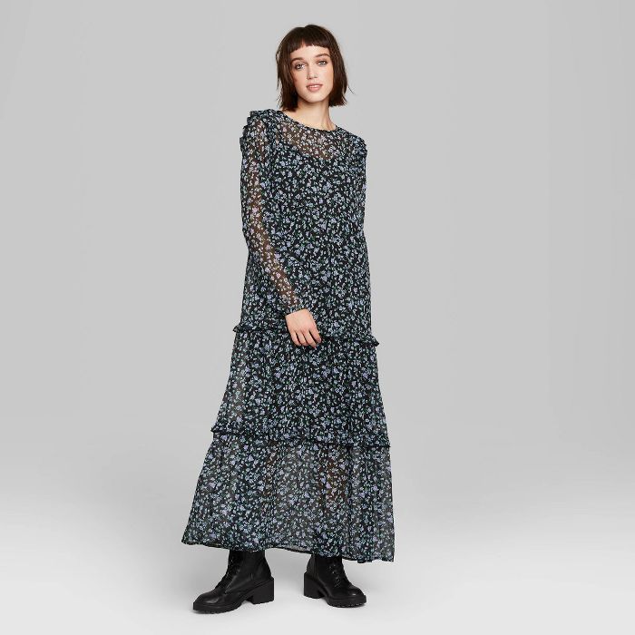 Women's Floral Print Long Sleeve Tiered Maxi Dress - Wild Fable™ Black | Target