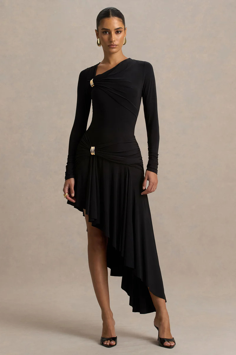 Alexia  Black Asymmetric-Neck Maxi Dress With Embellishment And Ruched Detailing | Club L London