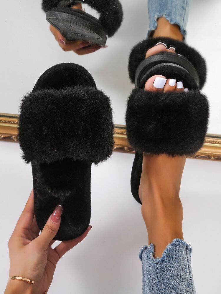 Minimalist Fluffy Open Toe Home Slippers | SHEIN