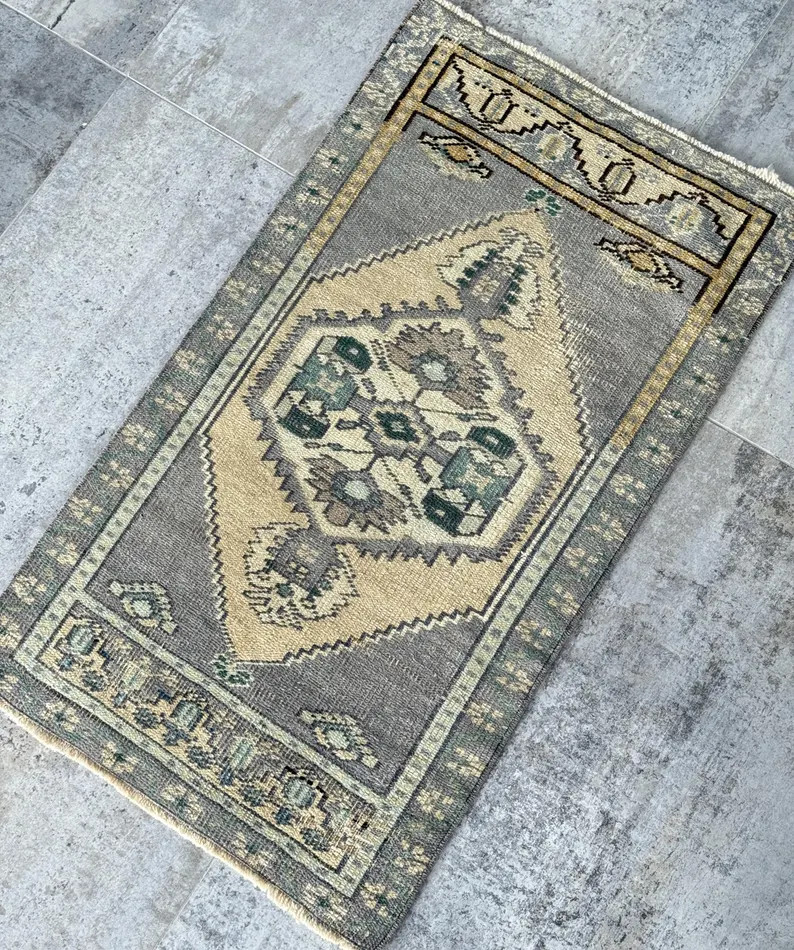 Vintage Turkish Sage Green Small Rug 1.8x3 Ft, Handwoven Wool Anatolian Rug, Muted Blue and Beige... | Etsy (Global)