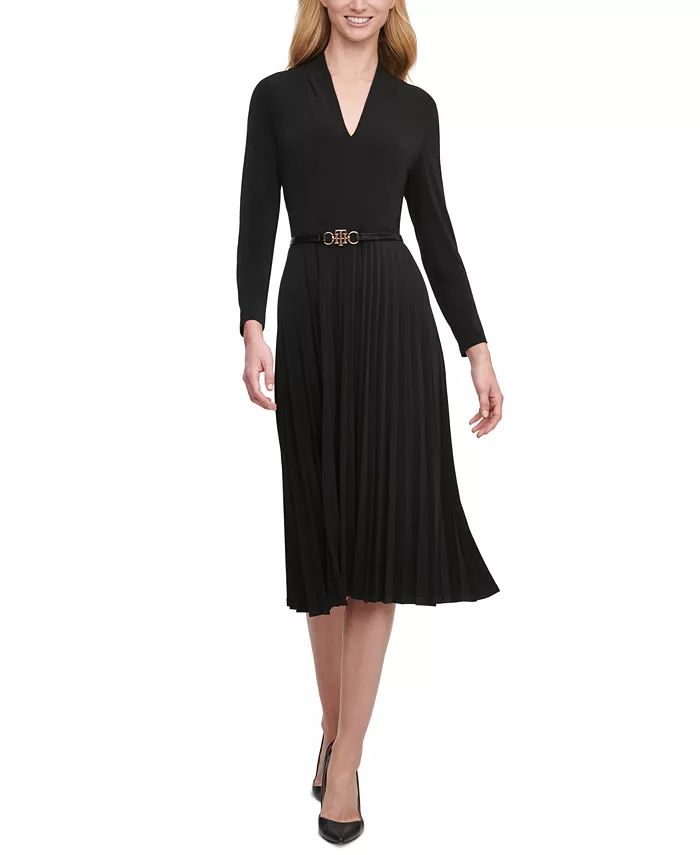 Tommy Hilfiger Belted Pleated Fit & Flare Dress & Reviews - Dresses - Women - Macy's | Macys (US)